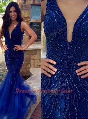 Exquisite Royal Blue Mermaid V-neck Sleeveless Tulle Floor Length Zipper Sequins Prom Evening Gown