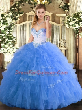 Lovely Floor Length Lace Up Quinceanera Dresses Baby Blue for Military Ball and Sweet 16 and Quinceanera with Beading and Ruffles