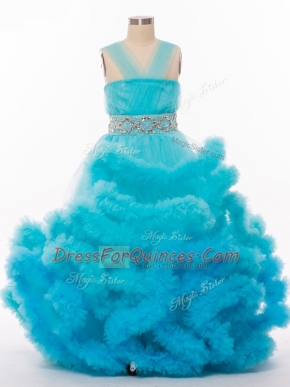Sleeveless Tulle Floor Length Lace Up Little Girls Pageant Gowns in Baby Blue with Beading and Hand Made Flower