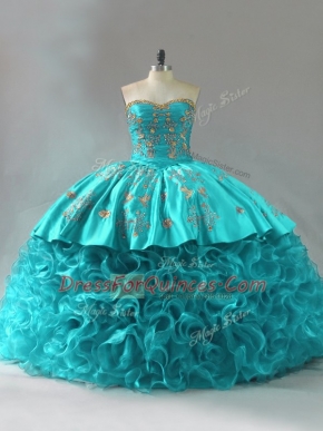 Hot Selling Sleeveless Brush Train Lace Up Embroidery and Ruffles Sweet 16 Quinceanera Dress