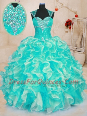 Noble Floor Length Ball Gowns Sleeveless Turquoise Quince Ball Gowns Lace Up
