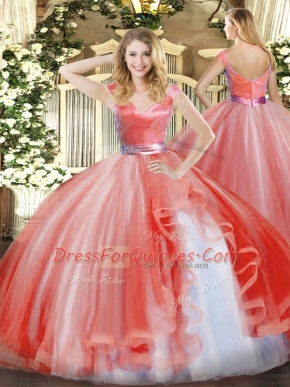 Watermelon Red Organza Zipper 15 Quinceanera Dress Sleeveless Floor Length Ruffles