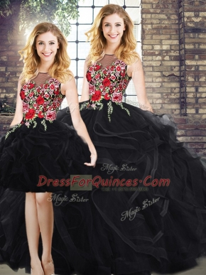 Classical Black Scoop Neckline Embroidery and Ruffles Vestidos de Quinceanera Sleeveless Zipper