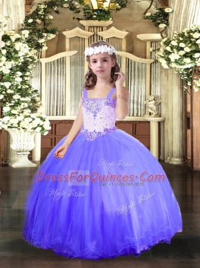 Blue Tulle Lace Up Little Girls Pageant Gowns Sleeveless Floor Length Beading