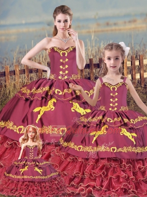 Satin and Organza Sweetheart Sleeveless Zipper Embroidery and Ruffled Layers Sweet 16 Dresses in Burgundy