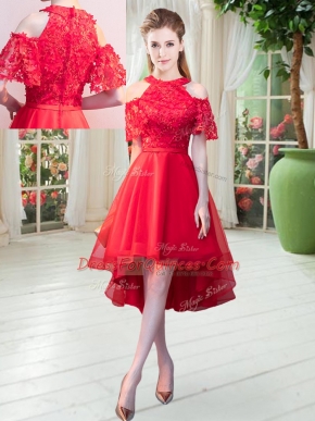 Tulle High-neck Short Sleeves Zipper Lace Prom Evening Gown in Red