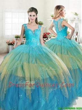 Unique Straps Beaded and Ruffled Layers Quinceanera Dress in Multi Color