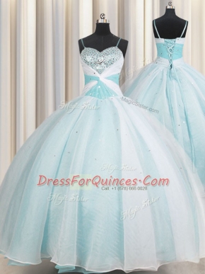 Ball Gowns Quinceanera Dress Aqua Blue Spaghetti Straps Organza Sleeveless Floor Length Lace Up