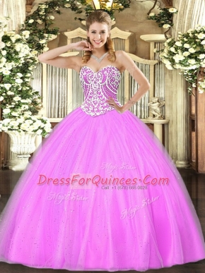 Edgy Tulle Sweetheart Sleeveless Lace Up Beading Sweet 16 Dresses in Lilac