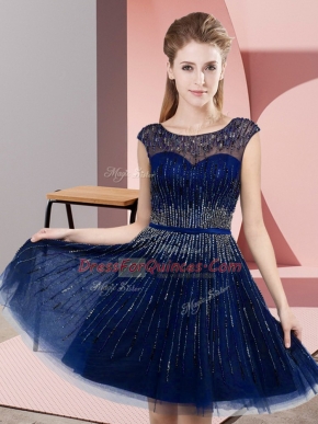Royal Blue Backless Prom Evening Gown Beading Sleeveless Knee Length