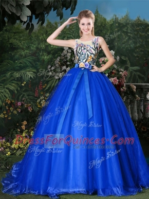 Royal Blue Scoop Neckline Appliques and Belt Quince Ball Gowns Sleeveless Zipper