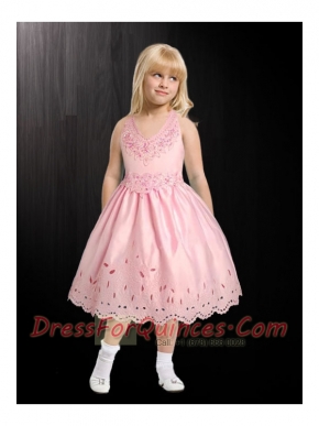 2014 Exclusive Pink V-neck Appliques Tea-length Flower Girl Dresses