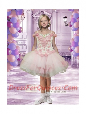 Baby Pink Off the Shoulder Little Girl Dress with Hand Made Flowers and Beading