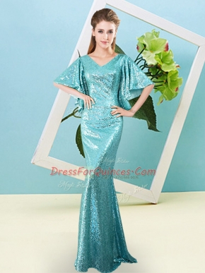 New Style Aqua Blue Half Sleeves Sequined Zipper Homecoming Dress for Prom and Party