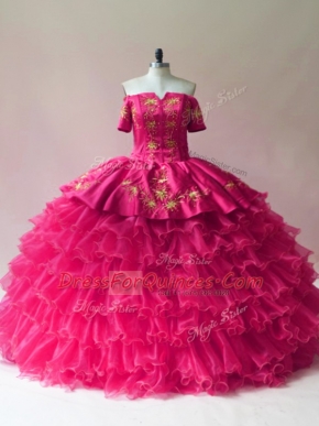 Flare Ball Gowns Vestidos de Quinceanera Fuchsia Off The Shoulder Organza Sleeveless Floor Length Lace Up