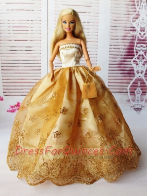 Lovely Ball Gown Handmade Gold Appliques Barbie Doll Dress