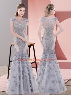 Custom Fit Beading and Lace and Hand Made Flower Prom Gown Grey Lace Up Cap Sleeves Floor Length