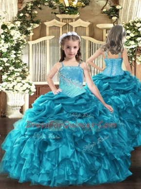 On Sale Floor Length Ball Gowns Sleeveless Teal Little Girl Pageant Gowns Lace Up