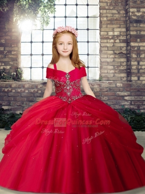 Red Tulle Lace Up Straps Sleeveless Floor Length Child Pageant Dress Beading