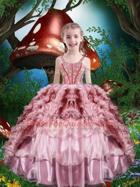 High Class Beading and Ruffles and Ruffled Layers Little Girl Pageant Dress Baby Pink Lace Up Sleeveless Floor Length