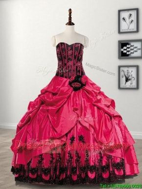 Elegant Hand Made Flowers and Pick Ups Taffeta Sweet 16 Dress in Coral Red