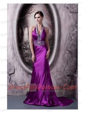 Prom Dress Column Halter Brush Train Silk Like Satin Beading and Appliques