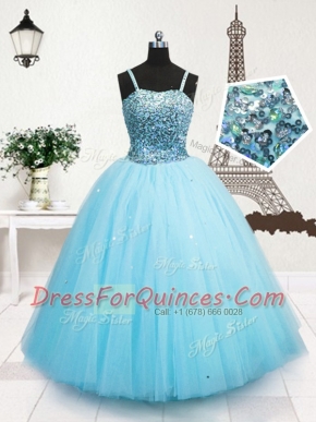 Turquoise Ball Gowns Tulle Spaghetti Straps Sleeveless Beading and Sequins Floor Length Zipper Little Girl Pageant Dress