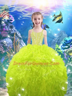 Ball Gowns Straps Sleeveless Organza Floor Length Lace Up Beading and Ruffles Kids Pageant Dress
