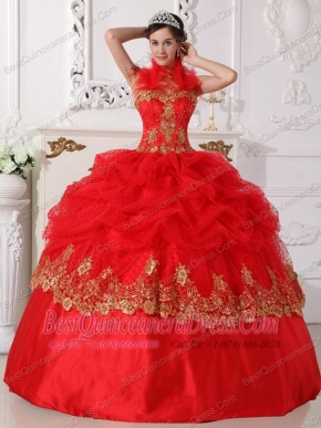 Red and Gold Ball Gown Halter Floor-length Taffeta Beading and Appliques Quinceanera Dress