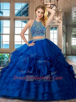 Fashionable Organza Scoop Sleeveless Backless Beading and Ruffles 15th Birthday Dress in Royal Blue