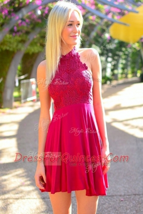 Halter Top Hot Pink Sleeveless Chiffon Zipper for Prom and Party