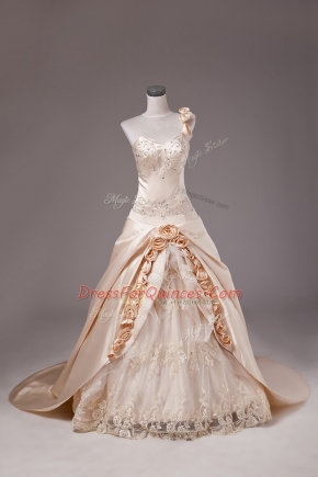 Enchanting Champagne Lace Up Ball Gown Prom Dress Embroidery and Hand Made Flower Sleeveless Brush Train