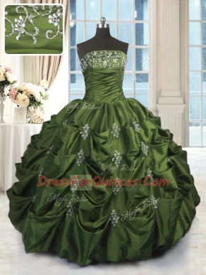 Charming Floor Length Lace Up Ball Gown Prom Dress Green for Military Ball with Beading and Pick Ups