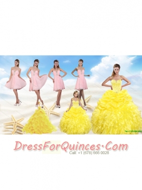 Yellow Sweetheart Beading Quinceanera Dress and Light Pink Short Prom Dresses and Ruffles and Beading Little Girl Dress