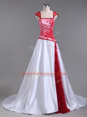 Modern White And Red Strapless Lace Up Lace and Appliques Party Dress Wholesale Court Train Cap Sleeves