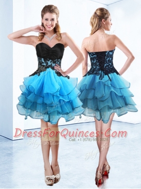 Hot Sale Blue And Black Lace Up Sweetheart Ruffled Layers Prom Gown Organza Sleeveless