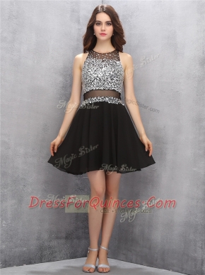 Scoop Black Chiffon Zipper Prom Dresses Sleeveless Knee Length Beading