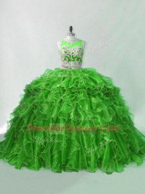 Scoop Sleeveless Organza Quinceanera Dress Beading and Ruffles Brush Train Zipper