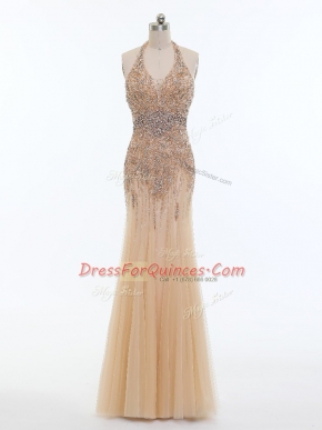 Champagne Sleeveless Floor Length Beading Backless Prom Evening Gown
