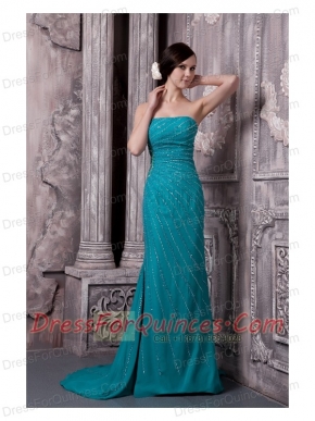 Prom Dress Strapless Teal Column Court Train Chiffon Beading