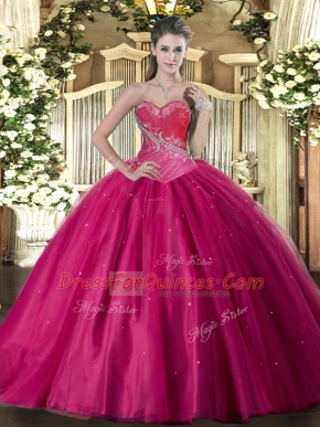 Sleeveless Tulle Floor Length Lace Up Ball Gown Prom Dress in Fuchsia with Beading