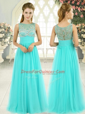 Colorful Aqua Blue Prom and Party and Military Ball with Beading Scoop Sleeveless Backless