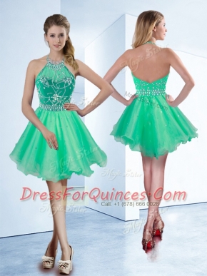 Turquoise A-line Organza Halter Top Sleeveless Beading Knee Length Zipper Dress for Prom