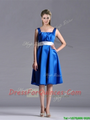 Exquisite Empire Square Taffeta Blue Prom Dress with White Belt