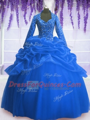 Custom Design Blue Ball Gowns Organza V-neck Long Sleeves Sequins and Pick Ups Floor Length Zipper 15 Quinceanera Dress