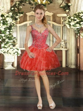 Sleeveless Lace Up Mini Length Beading and Ruffles Prom Dresses