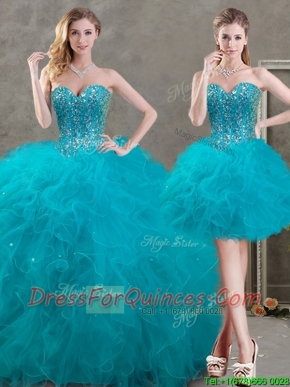 New Arrivals Beaded and Ruffled Teal Detachable Quinceanera Dresses in Organza