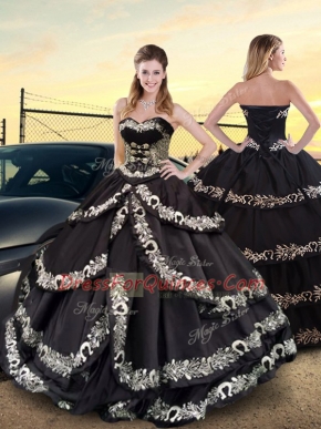Black Quinceanera Dress Military Ball and Sweet 16 and Quinceanera with Embroidery and Ruffled Layers Sweetheart Sleeveless Lace Up