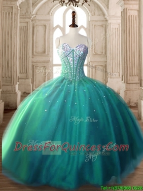 Visible Boning Beaded Bodice Tulle Quinceanera Dress in Turquoise