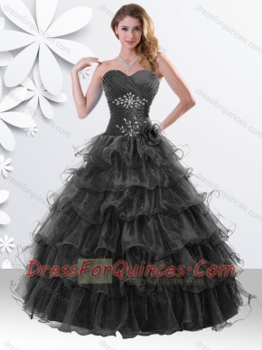 Princess Black Sweet 16 Dress with Beading and Ruffled Layers